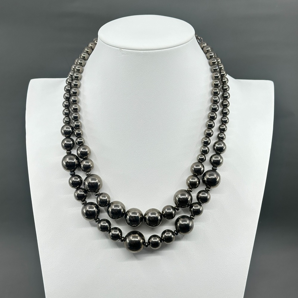 Silver Tone Double Strand Graduated Bead Necklace Bold Chunky Statement Vintage